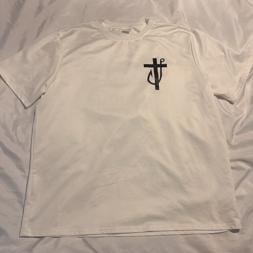 Men's XL White Fishing Graphic T-Shirt Polyester Crew Neck Tagless "Jesus Made"